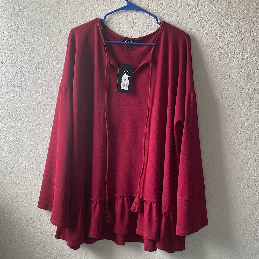 GIGIO Solid Textured Knit Bell Sleeve tassel ruffle Tunic, Wine - Large